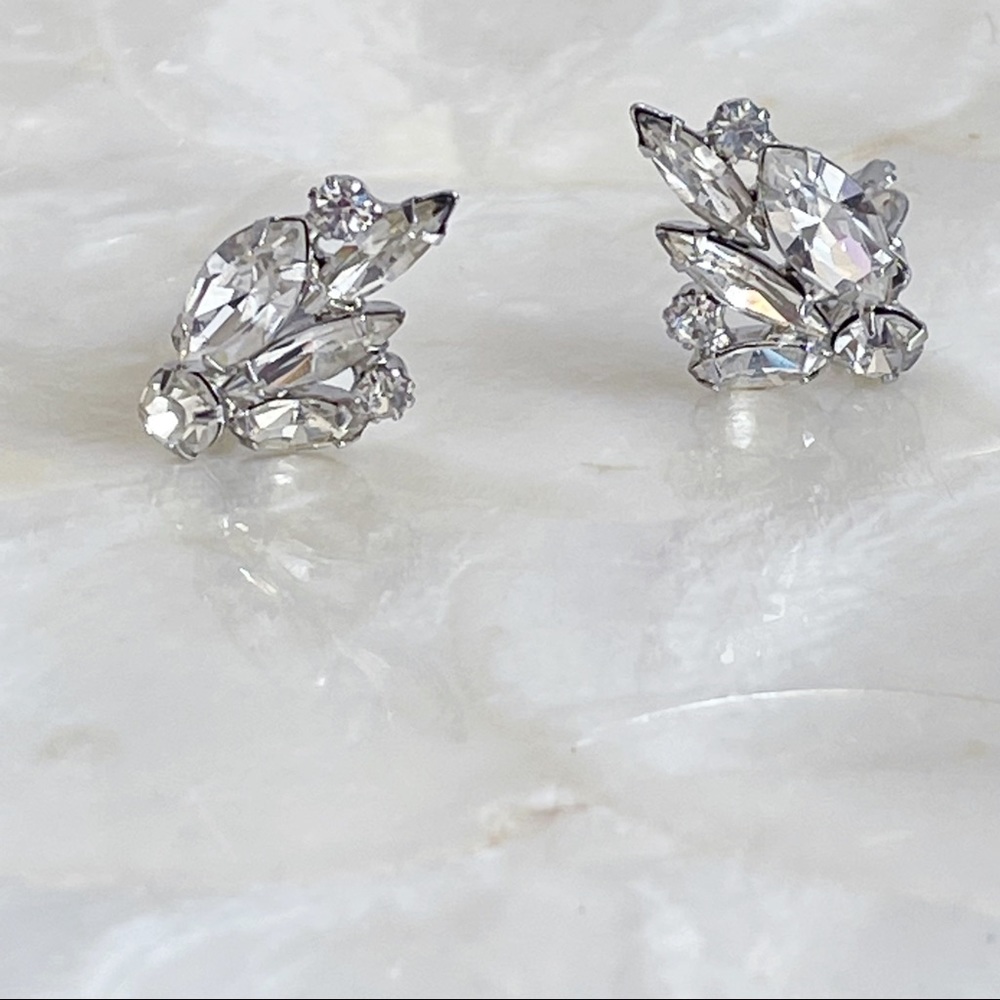 Silver Tone Clear Sparkly Rhinestone Bridal Earrings Clip-On